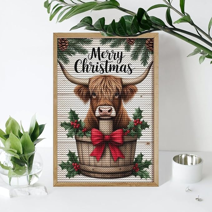AIVKIEJK Diamond Painting Kits for Adults - Highland Cow Merry Christmas Painting DIY 5D Full Drill Diamond Dots Paintings with Diamonds Gem Art and Crafts Home Decor 8"x12"