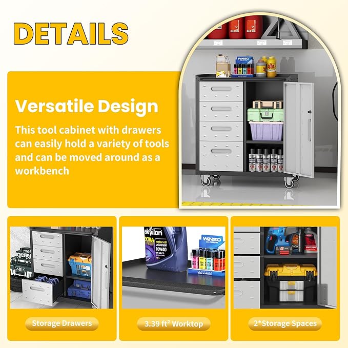 Garage Storage Cabinets with Wheels, Locking Metal Storage Cabinets with 4 Drawers and 1 Doors, Easy Assembly Rolling Tool Cabinet for Garage, Basement,Warehouse