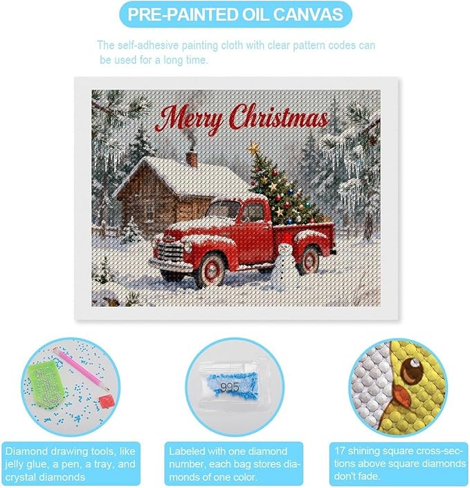 AIVKIEJK Diamond Painting Kits for Adults - Christmas Red Truck with Snowman, Snowy Cabin & Tree Painting DIY 5D Full Drill Diamond Dots Paintings with Diamonds Gem Art and Crafts Home Decor 12"x16"