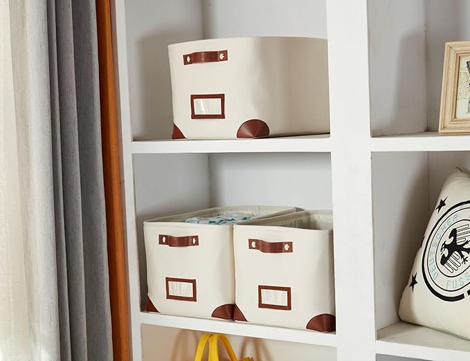 DECOMOMO White Storage Bins Fabric Storage Baskets for Shelves & Linen Closet Organization (Creamy White W/ Label holder, Large - 3 Pack)