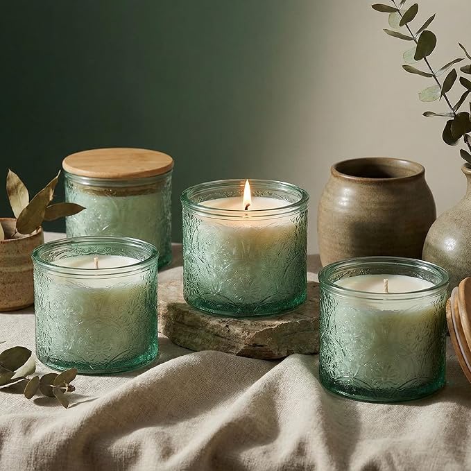 10 oz Embossed Glass Candle Container with Bamboo Lids and Labels,Green Candle Jars for Making Candles,Mandala Design - Pack of 9