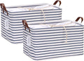 Hinwo 31L Large Storage Bins, 2-Pack Closet Organizers and Storage, Foldable Clothes Storage Baskets with Handles, Containers for Clothing, Blanket, Towels, Toys, Bedding (Navy Stripe)