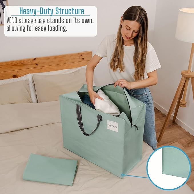VENO 4 Pack Heavy Duty Moving Bags, Storage Bags, Packing Supplies, Top Zipper, Storage Totes for Camping, Clothes, Bedding, Comforters, Pillows (22 Gallon Light Green, 4 Pack)