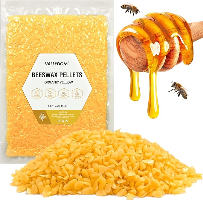 VALLYDOM Organic Beeswax Pellets - 453g Yellow Beeswax Pastilles, Pure Natural Bulk Bees Wax Pellets for DIY Beeswax Making Candles Skin Care Lip Balm Soap Lotion (1lb)