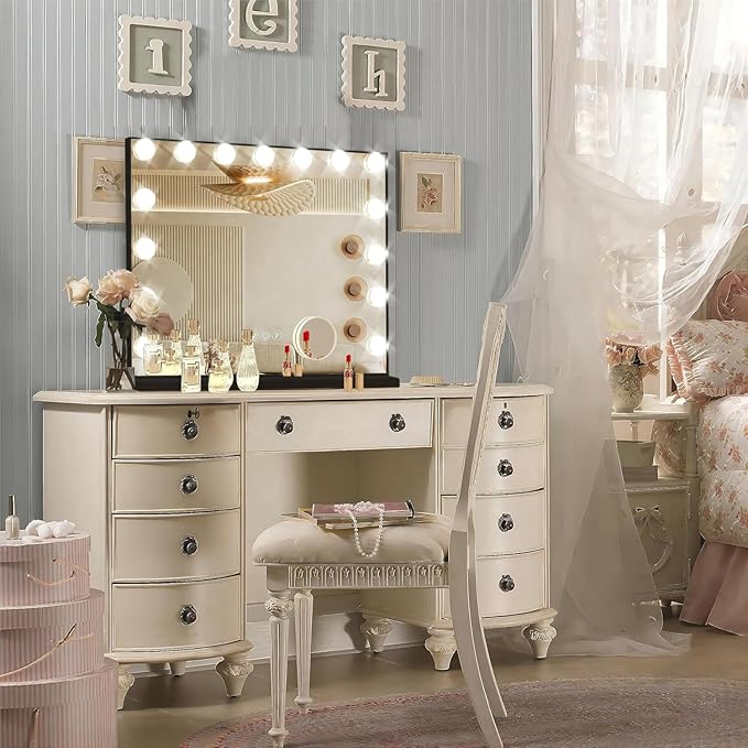 Ratsamee Black Hollywood Vanity Mirror with Lights, 15 Dimmable Bulbs, 3 Color Lights,Make Up Lighted Mirror, Aluminum Metal Frame, USB Charging Port（23" x 18"）