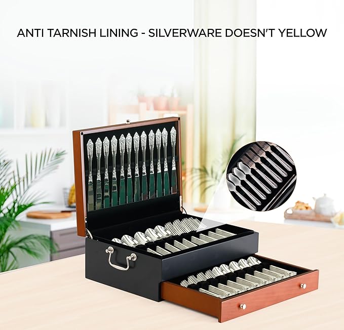 boldworks Silverware Storage Box Silverware Chest Case for Silver Flatware with Lid Tarnish Proof Felt Lined Partition and Drawer Holds Service for 14 Includes Polishing Cloth