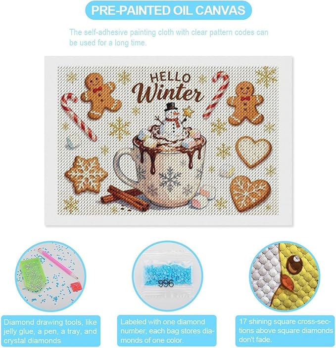 Diamond Painting Kits for Adults - Hello Winter Ice Cream & Gingerbread Snowflakes & Candles Painting DIY 5D Full Drill Diamond Dots Paintings with Diamonds Gem Art And Crafts Home Decor 8"x12"