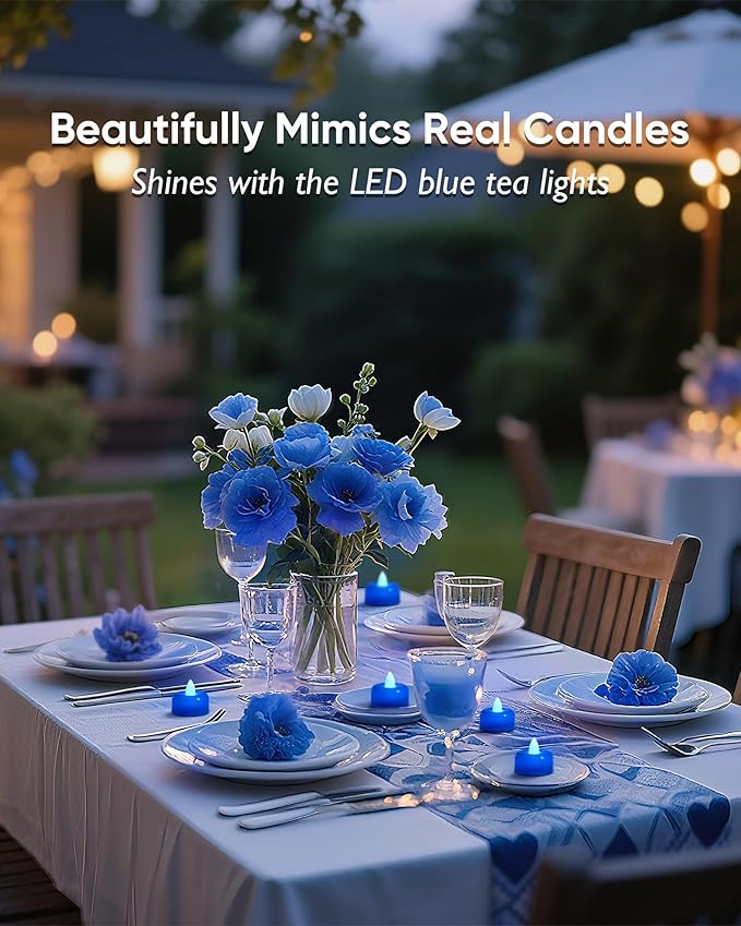 Amagic 24 Pack Blue Flameless LED Tea Lights Candles Battery Operated, Electric Fake Tealight Candles for Wedding, Table Centerpiece, Home Decor, Gift, Party, Halloween, Christmas, Proposal