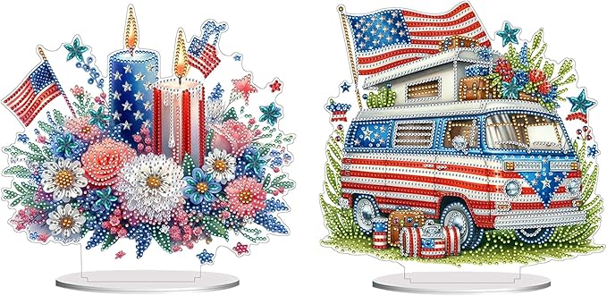 ARTopet 2Pcs DIY Diamond Desktop Ornament US Independence Day Special Shaped Crystal Double Sided Pattern Single Sided Diamond Art Painting Tabletop Home Ornaments Decor-01
