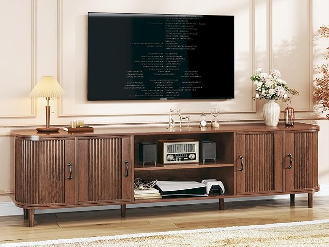 HUAHUU TV Stand for 75 inch TV, Mid Century Modern Entertainment Center for 55/60/65/75 inch TV, with Fluted Door Cabinets & Open Shelves, TV Consoles for Living Room, Walnut