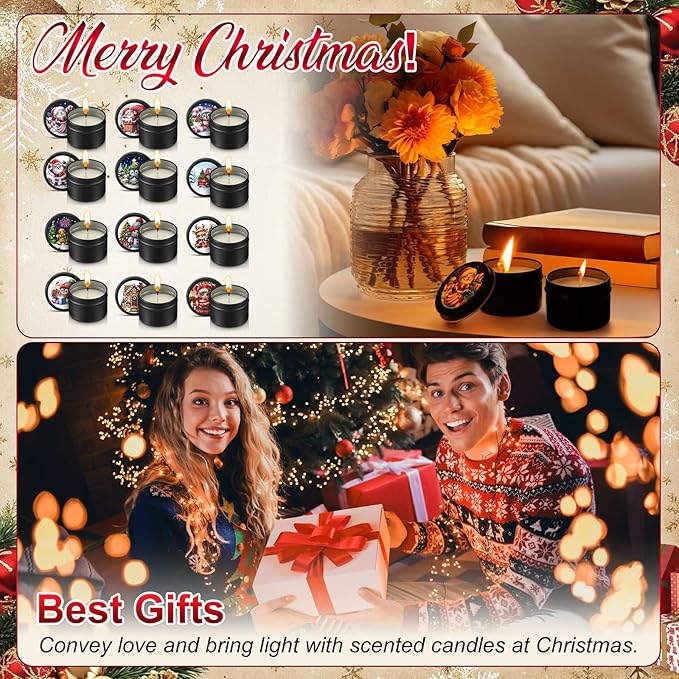 Nuanchu 24 Pack Christmas Scented Candles Gift Set Cartoon Candle for Her Him 2oz Natural Soy Wax Jar Long Lasting Aromatherapy Bulk Favors Set for Christmas Party Home Decor