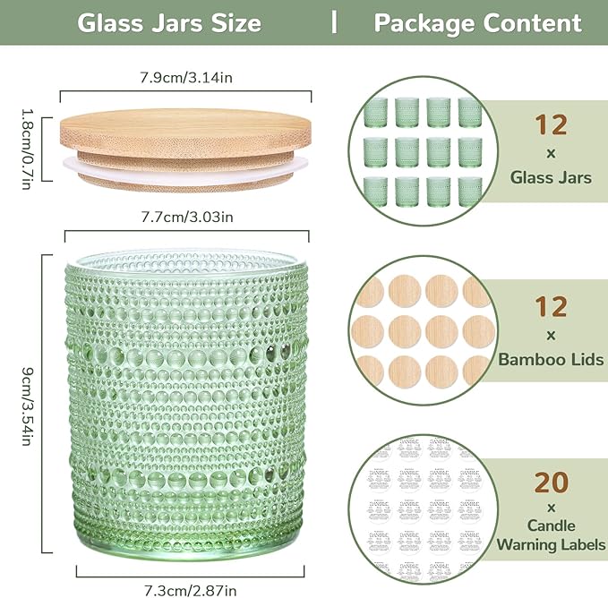 DARJEN 12 Pack Green Candle Jars for Making Candles- 8 OZ Empty Glass Candle Making Jars with Bamboo Lids and Labels, Candle Containers Candle Making Jars for DIY Gifts