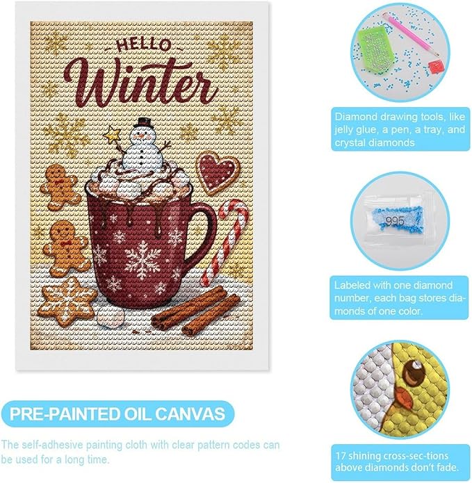 Diamond Painting Kits for Adults - Hello Winter Ice Cream & Gingerbread Snowflakes & Candles Painting DIY 5D Full Drill Diamond Dots Paintings with Diamonds Gem Art And Crafts Home Decor 8"x12"