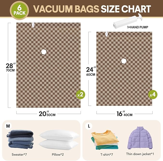6 Pack Cloth Vacuum Storage Bags, Vacuum Seal Bags for Clothing with Hand Pump, 2 Large+4 Medium, 80% Space Saver Bags for Luggage, Comforters,Blankets, Home Travel Essentials(Khaki Checkered)