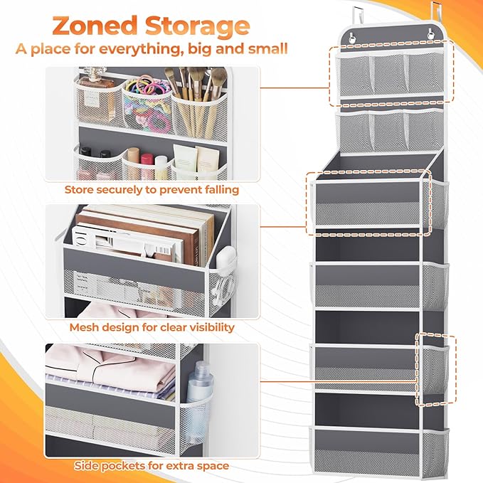 6-Tier Over The Door Organizer with Mesh Pockets, Baby Nursery Storage for Closet, Bathroom and Bedroom, Adjustable Hanging Closet Organizer for Cosmetics, Books and Essentials (Dark Grey)