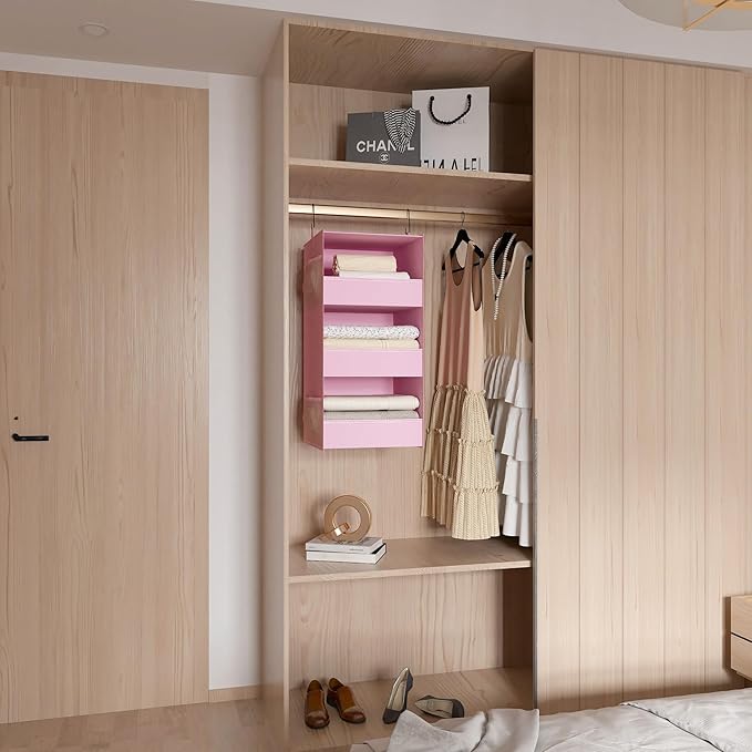 3-Shelf Hanging Closet Organizer and Storage, Foldable Hanging Closet Shelves Front Lip Design Washable Hanging Storage, Pink