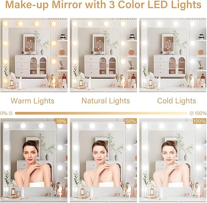 YIKEHOME Makeup Vanity Desk with Mirror and 10 Lights, 3-Colour Hollywood Brighter Bulbs, Vanity Table Set with Large Drawers and and Charging Station for Bedroom Dressing Room White