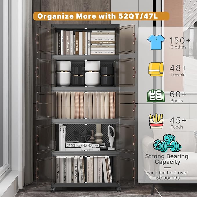 Stackable Storage Bins with Lids 240QT-48QT*5Pack Folding Storage box with Doors and Wheels, Collapsible Plastic Bins Stackable Organizer and Containers for Home, Garage, Office