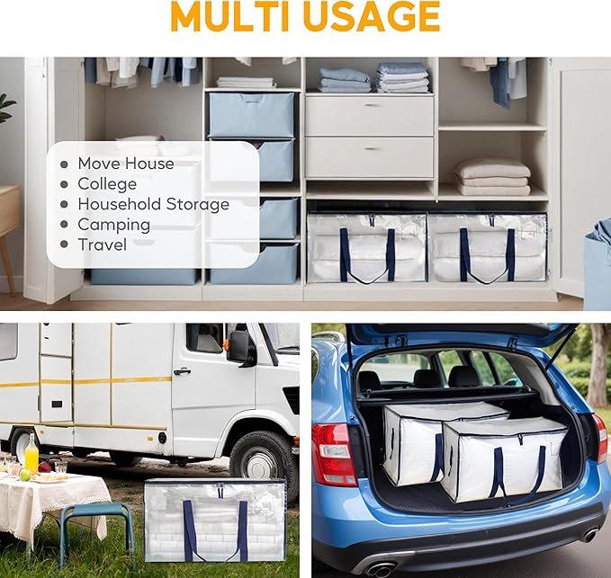 HealSmart 12 Pack Large Moving Bags with Zippers & Handles, Moving Supplies with lids, Heavy Duty Totes for Space Saving, Fold Flat, Moving and Storing, Clear