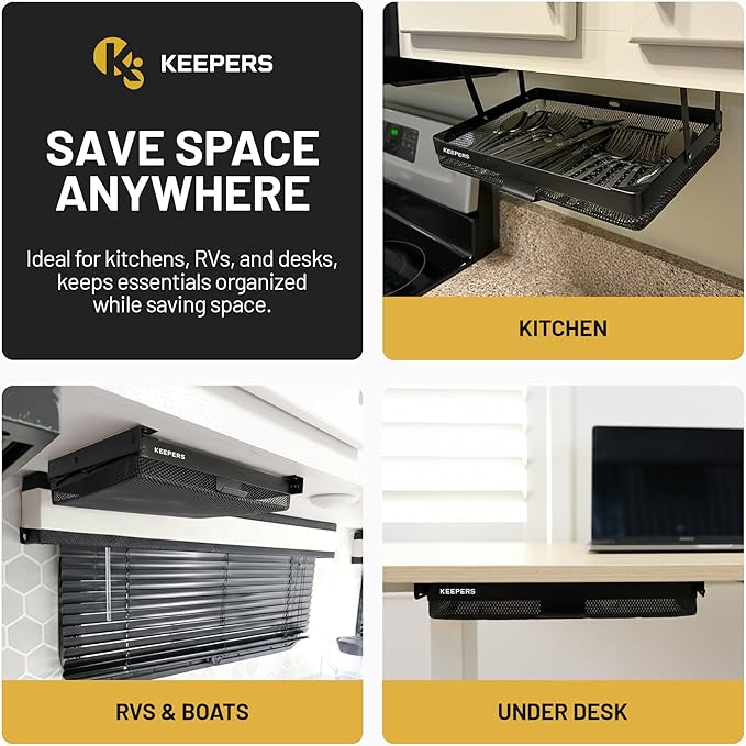 KEEPERS - Under Desk Drawer Slide Out – Metal Under Desk Storage Drawer for Office, Home, RV, Kitchen – Slim Under Table Drawer Attachment with Easy DIY Mount - Under Desk Organizer - 13x10x2.5In