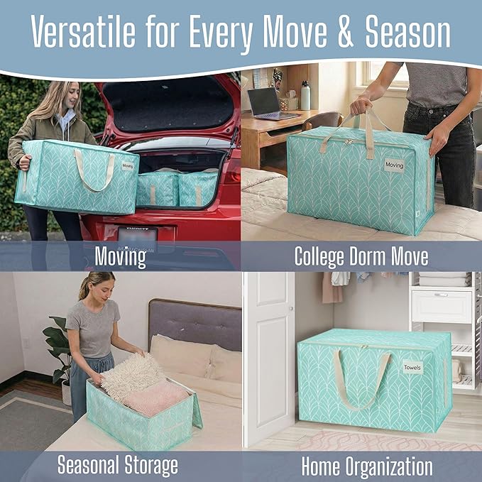 VENO 10 Pack Extra Large Heavy Duty Moving Bags with Wide Opening & Reinforced Handles, Reusable Storage Tote Bags with Strong Zippers for Clothes, College Dorm Essentials & Moving Supplies
