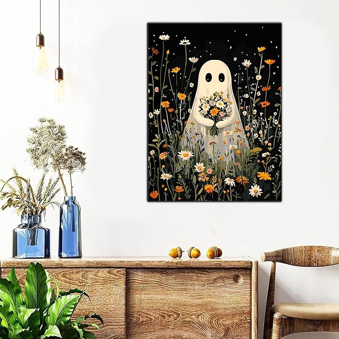 Meothan Framed Paint by Numbers Kits for Adults, Halloween Paint by Number for Adults Beginners, Paint by Numbers Kits on Canvas with Framed and Easel for Home Wall Decor 11.8x15.7inch (Ghost)