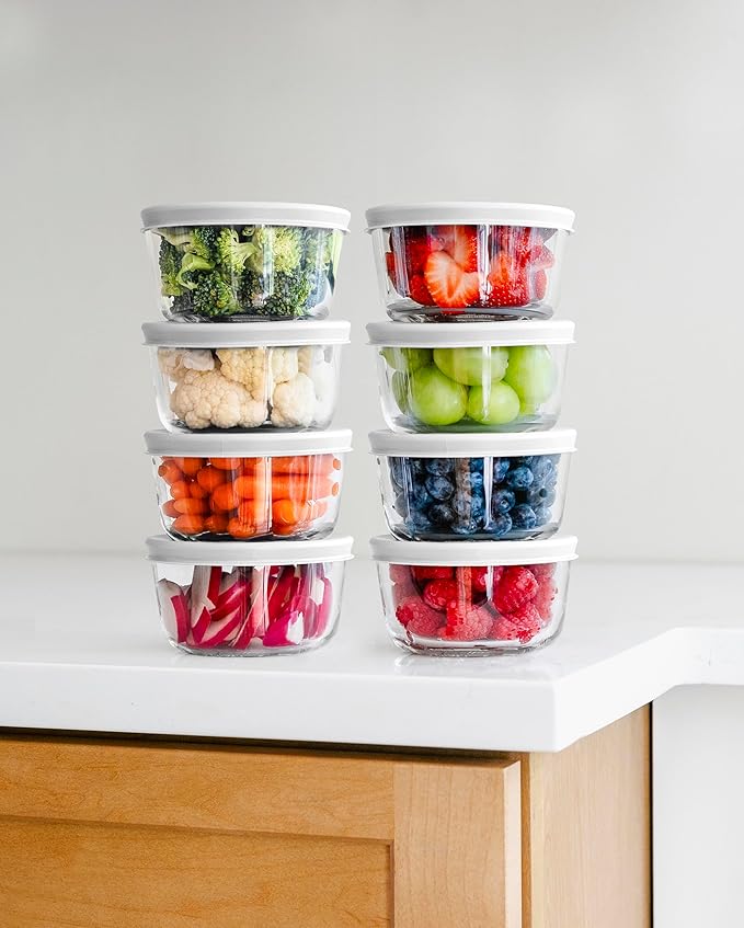 DURA LIVING 16-Piece Glass Food Storage Containers Set (8 Containers + 8 BPA-Free Lids) | 1-Cup, Leakproof | Microwave, Freezer, Oven & Dishwasher Safe | Ideal for Meal Prep & Pantry Organization