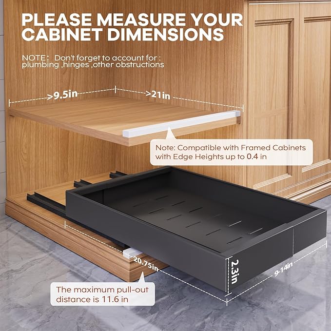 2 Pack Expandable (9"-14") Pull Out Cabinet Organizer 21" Deep With Raising Pad for Framed Cabinets,Upgrade 3 Slide Rails Slide Out Drawers,No Drill Roll Out Shelves Adhesive,Black