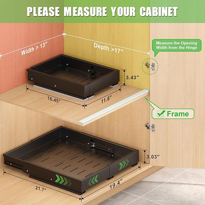 1 Pcs Pull Out Drawers for Cabinets Organizer Expandable Width(11.8"-19.4"), Depth(16.45"-21.7") With 3 Rails, No Drill Roll Out Drawer, Adhesive Sliding Drawers (Black)