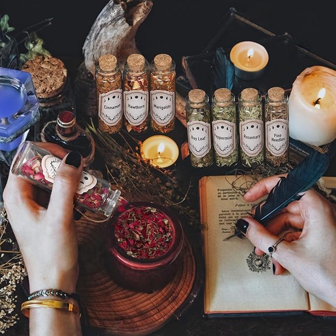 30 Pack Witchcraft Supplies Herbs, Dried Herbs and Flowers Bottles Kit for Witch Beginner, Wiccan, Wicca Altar Supplies, Magic Spell, Candle and Soap Making, with Witchy Spoon, Bell and More