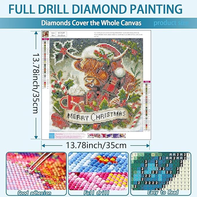 VIGEGU Christmas Diamond Art Kits for Adults,Winter Highland Cow Christmas Diamond Painting Kits for Beginners 5D Diamond Art,DIY Full Drill Round Gem Art Paintings for Home Wall Decor 13.7x13.7 in