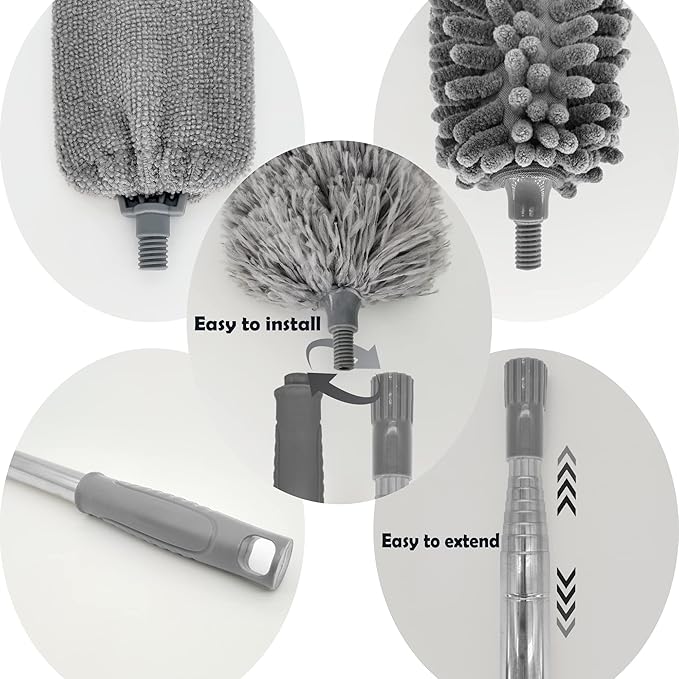 Microfiber Duster with Telescoping Extension Pole(30-100 Inches) Kit, 4 Cleaning Head and 1 Mini-Duster. Reusable, Bendable, Washable Feather Dusters for Cleaning Fans Cobwebs Ceilings Blinds