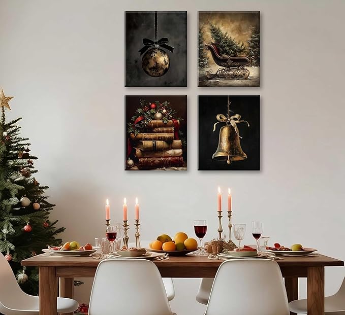 Paint by Number Kit for Adults & Kids, 4 Pack Vintage Christmas Scenes (Ornament, Book Stack, Sleigh, Bell) 12x16 Inch Framed, DIY Acrylic Painting Kit with Brushes & Paints, Festive Home Art Decor