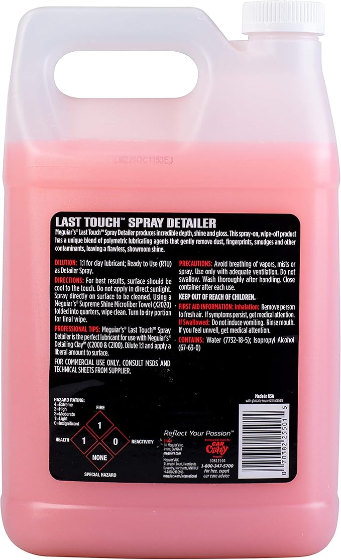 Meguiar's D15501 Last Touch Spray Detailer, Great for Use as Clay Lubricant, creates a Showroom Shine, Removes Dust, Smudges, Fingerprints and More, Versatile Use and Enhances Protection, 1 Gallon
