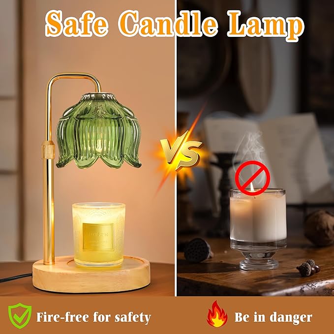 Candle Warmer Lamp with Timer Dimmer, Adjustable Height Candle Wax Warmer, Christmas Birthday Gift for Mom Women, House Warming Gifts for New Home Bedroom Decor, (Lotus Flower-Green)