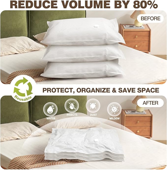 6 Pack Cloth Vacuum Storage Bags, Vacuum Seal Bags for Clothing with Hand Pump, 2 Large+4 Medium, 80% Space Saver Bags for Luggage, Comforters,Blankets, Home Travel Essentials(Stripe)