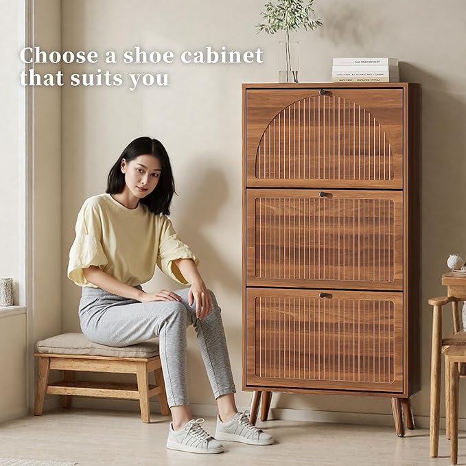 Fsbecl Shoe Storage Cabinet for Entryway with 3 Flip Drawers, Narrow Shoe Organizer with Fluted Panel, Freestanding Wood Hidden Shoe Cabinet for Hallway(Walnut, 23.6''W, Single Layer)