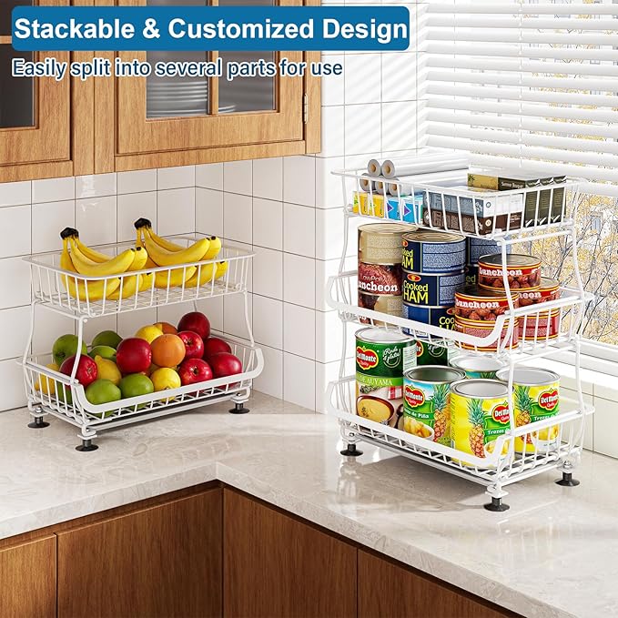 3-Tier Rolling Pantry Floor Organizer and Storage Cart with Wheels, Stackable Wire Pantry Baskets for Pantry Shelves, Kitchen Storage Rack and Fruit Basket Stand for Fruit Snack Onion Potato