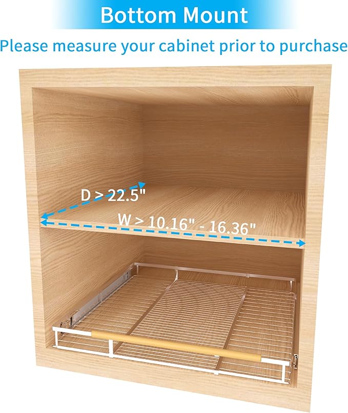 Expandable Pull Out Drawer Cabinet Organizer, Adjustable Width Bottom-Mounted Slide Out Storage Shelves for Cabinets, Required Cabinet Size (W: 10.16"~16.36", D≥22.5"), 2 Pack
