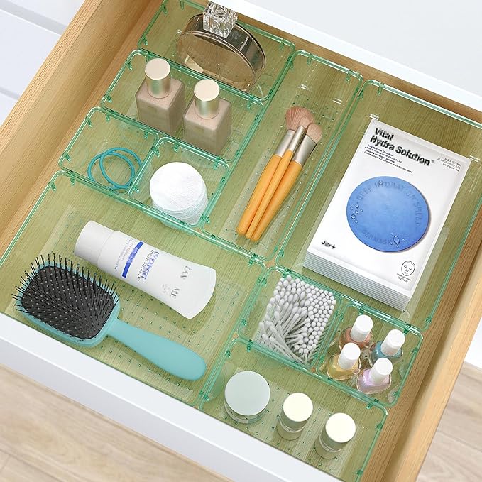 StorMiracle 23 PCS Clear Plastic Drawer Organizers Set, 4 Size Desk Drawer Organizer Trays for Makeup, Jewelry, Kitchen Utensils, Gadgets and Office Accessories, Sea Blue