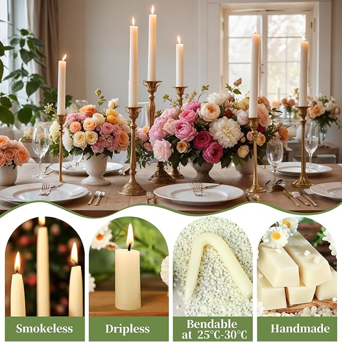 8 in Beeswax Taper Candles,18 Pack Dripless Pure White Beeswax Candle Sticks,8 Hours Long Burning Natural Bees Wax Candles for Home,Unscented Smokeless Tapered Candlesticks for Dinner