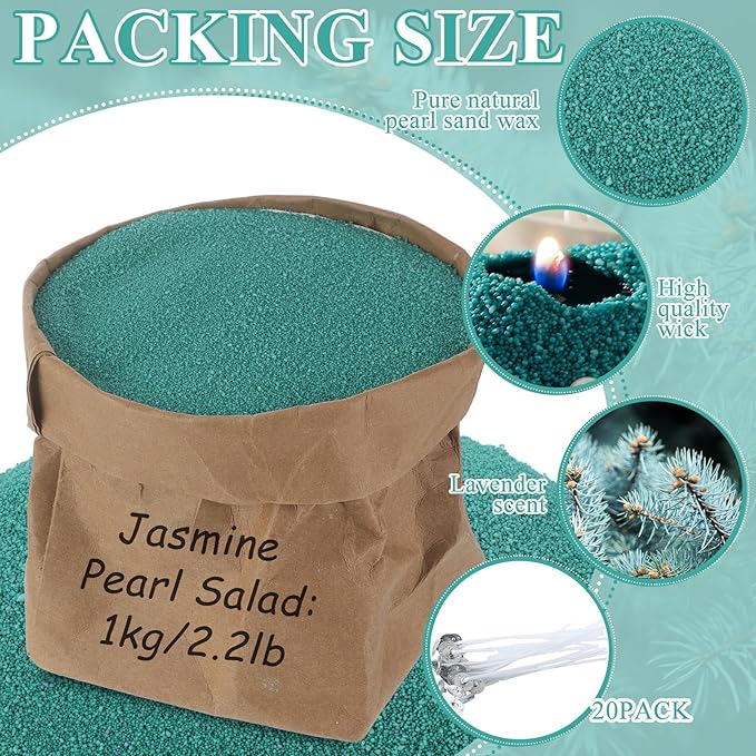 Conelist 2.2 lb Fir Scented Pearled Candle Sand Wax Set Customized Powder Making Candles Refill Kit Palm Wax All Natural Non Toxic with 20 Wicks for Christmas Gifts DIY(Green)