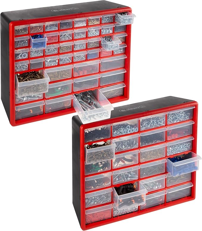 Set of Two Storage Bins with Drawers – Pair of 44 and 24 Drawer Desktop or Wall Mount Plastic Tool Organizers for Hardware or Crafts by Stalwart (Red)