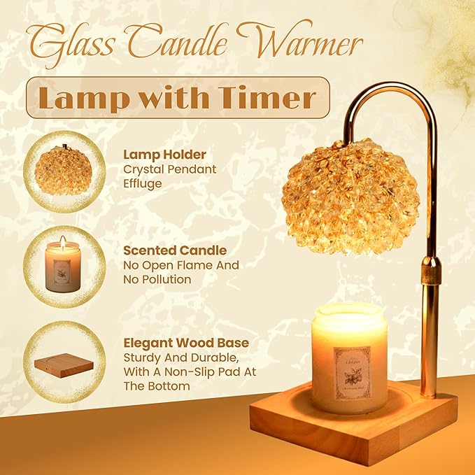 Glass Candle Warmer Lamp with Timer - Adjustable Height Candle Lamp Warmer with Crystal Shade, Timer (8H/4H/2H) - Wax Melter with Jar Candle - Ideal Gift, fits Various Size Candles