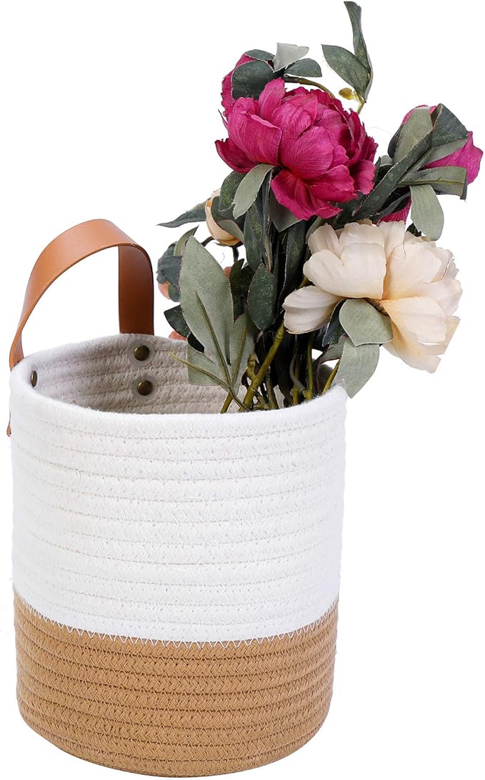 Hanging Basket - Wall Hanging Baskets for Organizing - Hanging Storage Woven Wall Basket - Small Wicker Wall Baskets for Wall Decor - Hanging Planter Baskets 6.3" x 7" (White and Brown)