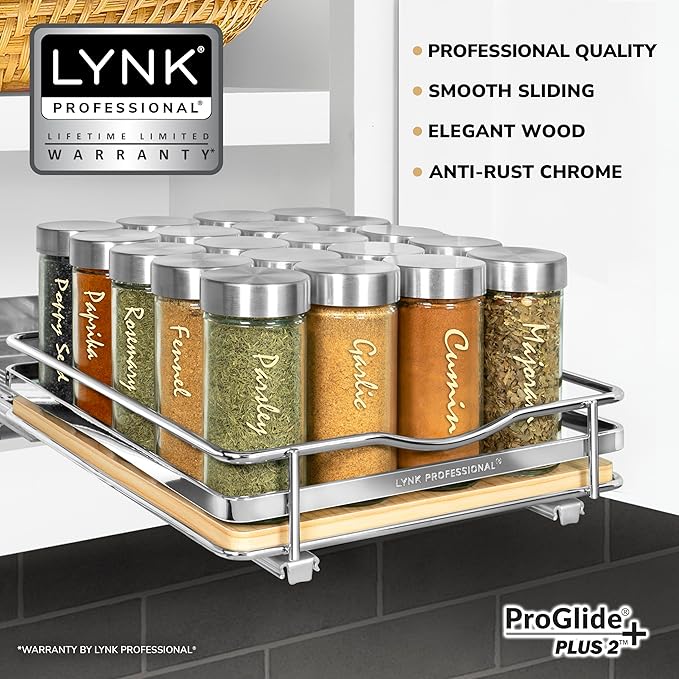 LYNK PROFESSIONAL® Élite™ Pull Out Spice Rack Organizer for Inside Kitchen Cabinets - 8-3/8 inch Wide - Slide Out Drawer – Wood/Chrome Sliding Spice Organization for cabinet - Spice Racks - 1 Tier