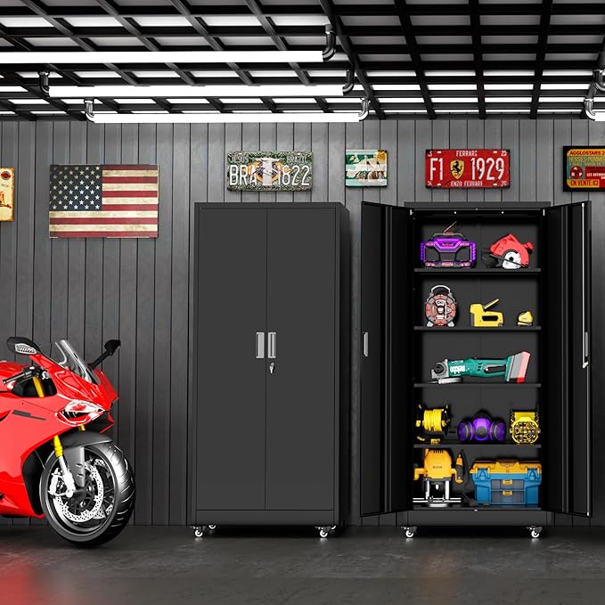 Superday 73" Metal Storage Cabinet with Wheels, Lockable Steel Utility Cabinet with 2 Doors and 4 Adjustable Shelves, Rolling Storage Cabinets for Garage, Home Office, Kitchen Pantry, Black