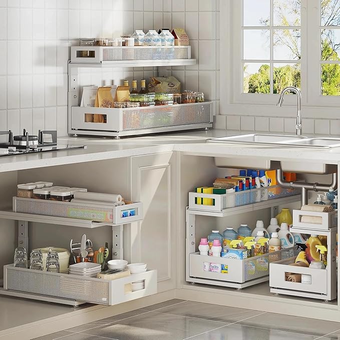 2 Pack 21.3IN-Depth Under Sink Organizer With Next-Gen Ball-Bearing Slides,2-Tier Pull Out Cabinet Storage,Height Adjustable Drawer Shelf for Bathroom,Kitchen,Laundry,Cabinet,Pantry-White