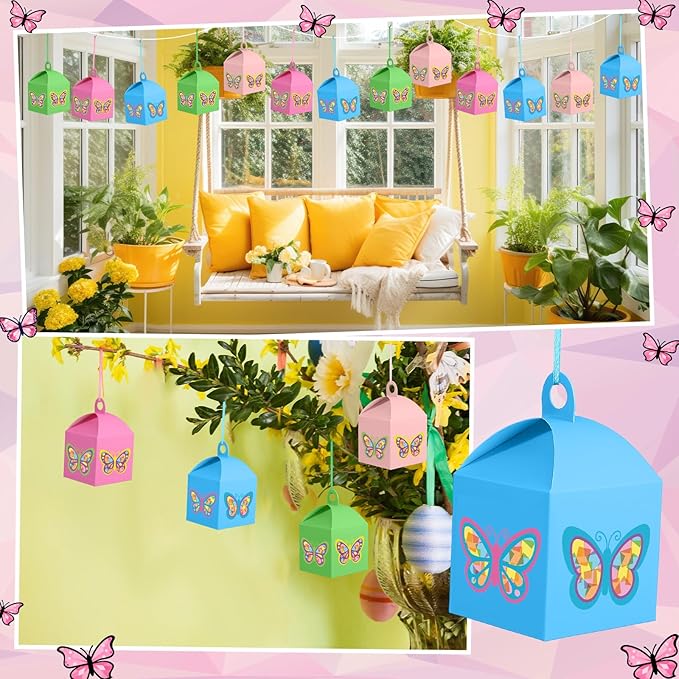 Simgoing 12 Sets Butterfly Crafts with LED Lights Butterfly Tissue Paper Crafts Kits DIY Hanging Suncatchers Lanterns Kits for Window Decor Spring Party Favor Art Activities