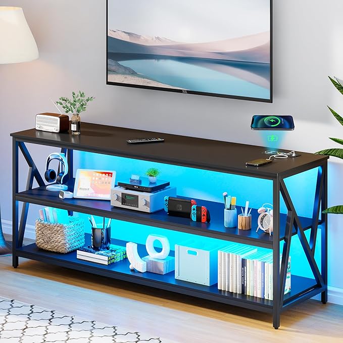 Lvifur RGB TV Stand up to 65''Televisions, TV Console Table with Wireless Charging Station,Entertainment Center with Human Body Sensor and Storage Shelves for Living Room，Bedroom(Black)